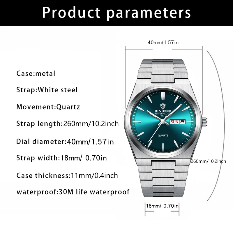 BINBOND Luxury Sport Quartz Watch – Waterproof Stainless Steel with Date & Week (Box Included) 6