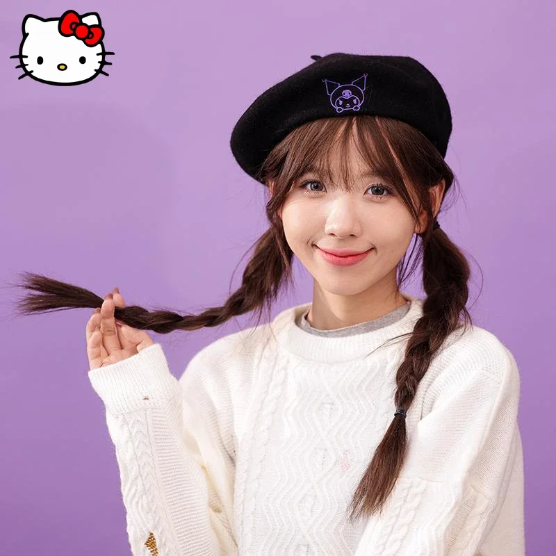 

New Kawaii Sanrio HelloKitty Beret MyMelody Kuromi Cute Cartoon Girl Winter Wool Warm Hat Student Anime Sweet Versatile Hat Gift
