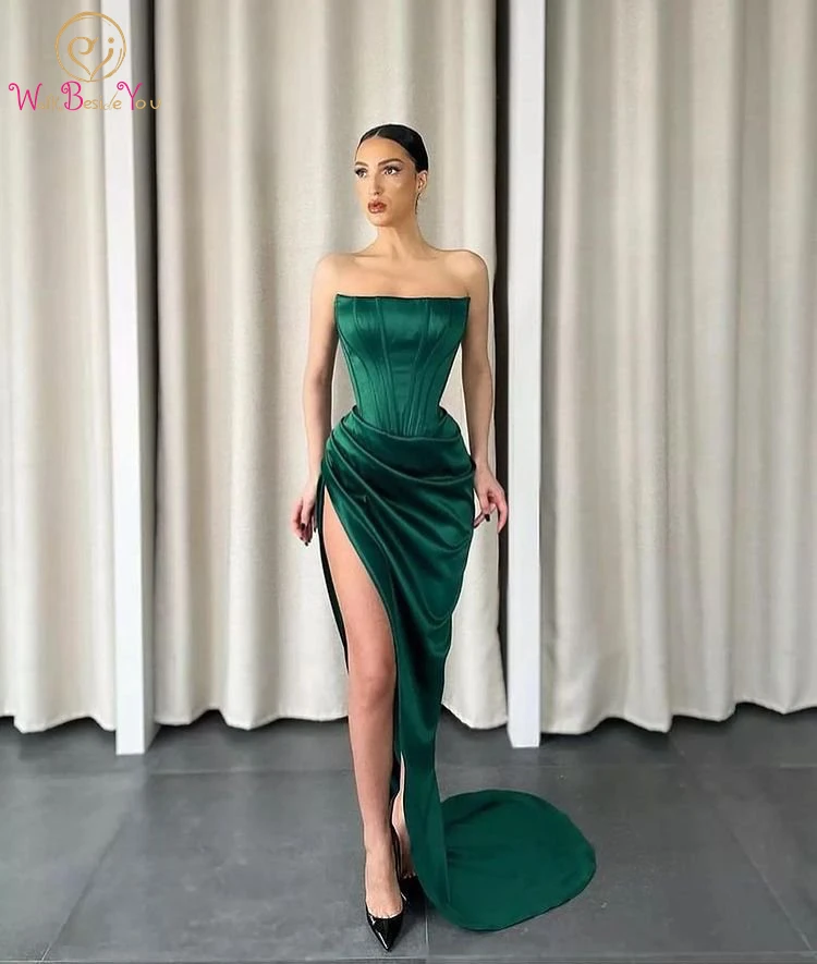 Dark Green Evening Dress 2022 Elastic Satin Strapless Boat Neckline A Line Side High Slit Sexy Prom Gown Ruched Party Graduation