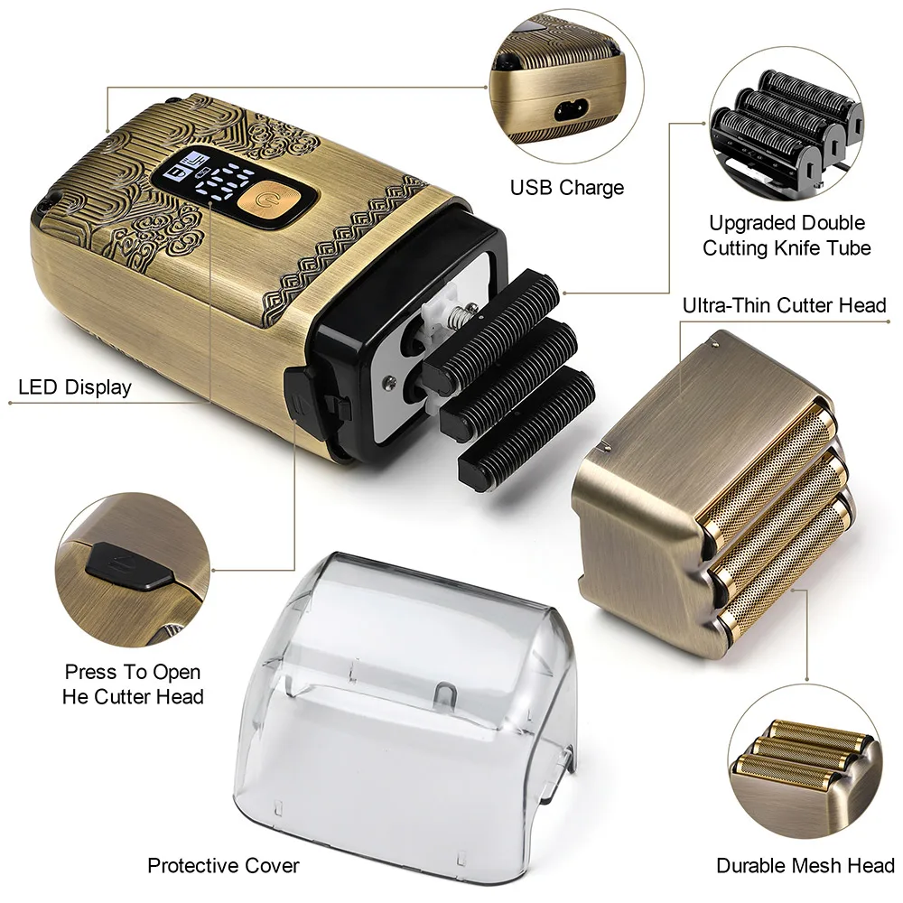 Hatteker 남성용 전기 면도기 3날 방수 무선 디지털 디스플레이 부드러운 면도를 위한 금속 면도기 USB 충전식