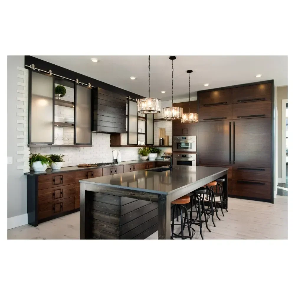 ตู้ครัวหรูหราเคลือบเงา - รูปทรงตัวแอลแบบสั่งทำ + เกาะกลาง + ท็อปเคาน์เตอร์หินควอตซ์ 1