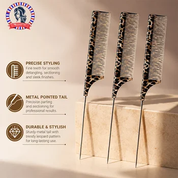 1/2/3pcs Leopard Pattern Rat Tail Hair Comb Metal Pointed Tail Fine Tooth Comb Professional Hair Styling Sectioning Tool Salon 1