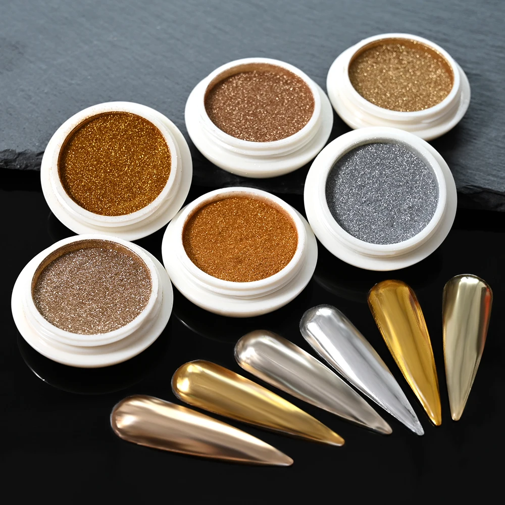6Colors Metallic Mirror Chrome Nail Powder Set Gold Silver Antique Copper Glitter Pigment Shiny Magic Mirror Effect Rubbing Dust