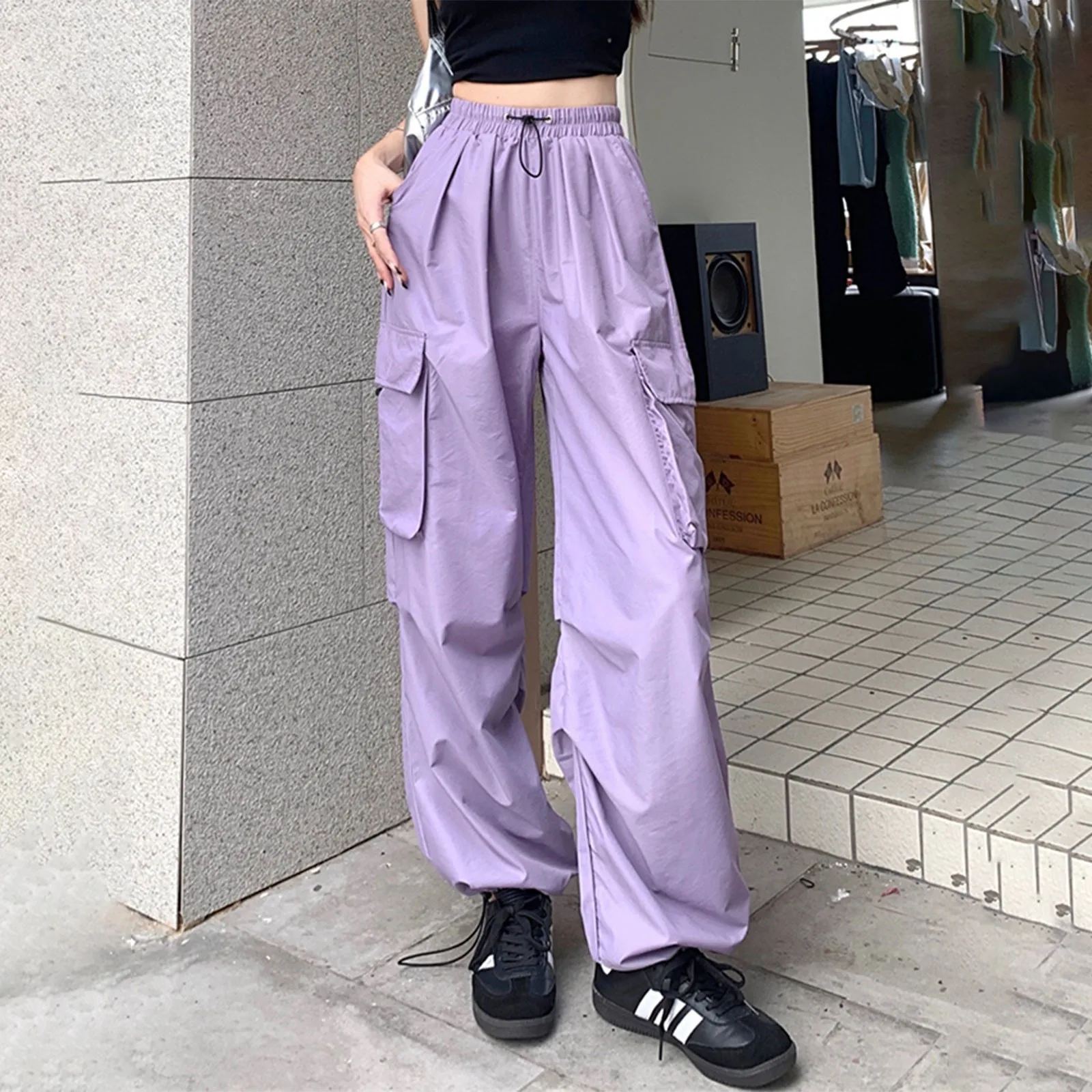 KNSO341-PURPLE　パイピングシャドーストライプ長袖Aラインワンピース