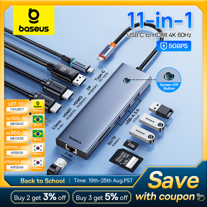 Baseus USB 3.0 Hub to HDMI DP 4K 60Hz Docking Station 11-In-1 Type C Hub RJ45 USB-A PD 100W SD TF Adapter for MacBook PC USB Hub