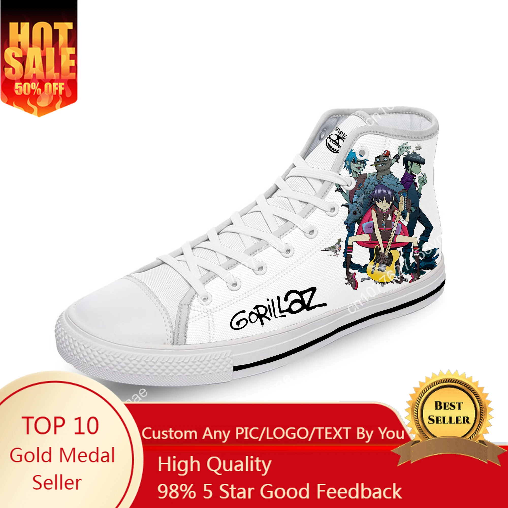 

Gorillaz Rock Band ChakaKhan Cool White Cloth Fashion 3D Print High Top Canvas Shoes Men Women Lightweight Breathable Sneakers