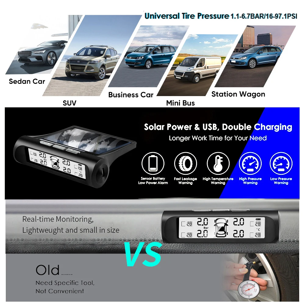 Allarme pressione pneumatici per auto a energia solare Display digitale Auto Smart Tpms Sistema di monitoraggio della pressione dei pneumatici Avviso temperatura con sensore - immagine 3