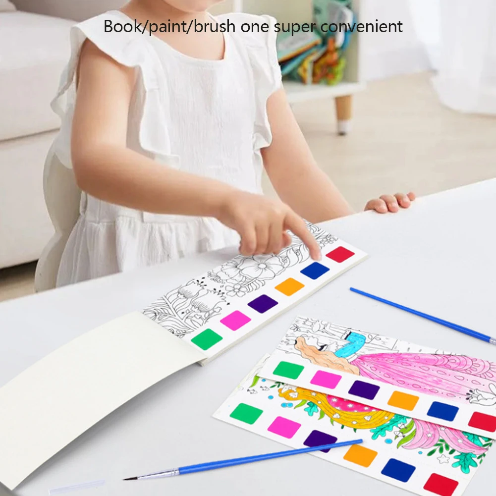 Description Picture 6 of itemPortable Watercolor Painting Book 12 Sheets Coloring Book with Paint Brush Gouache Book Kids Graffiti Picture Drawing Stationery