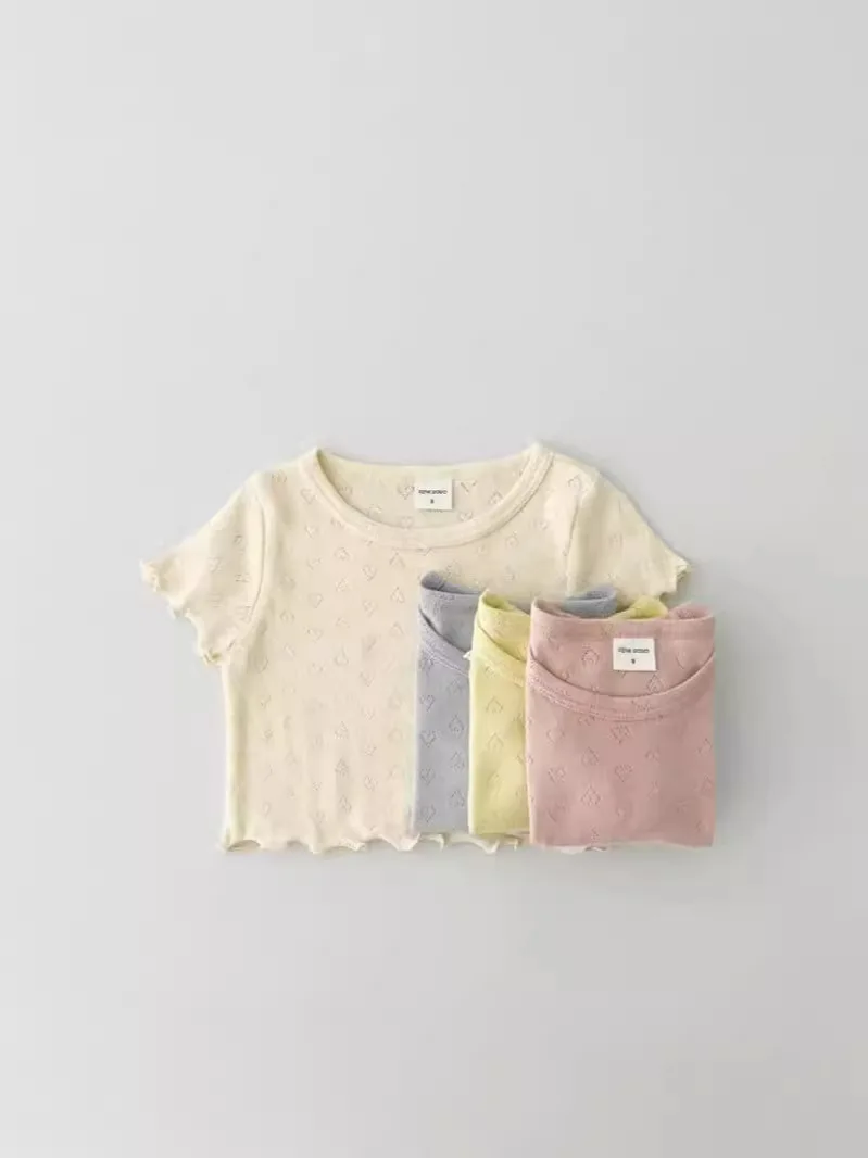 Summer Girl Baby Solid Hollow Out Short Sleeve T-shirt Boy Children Breathable Casual Tshirt Kid Cotton Tops Toddler Ruffle Tees