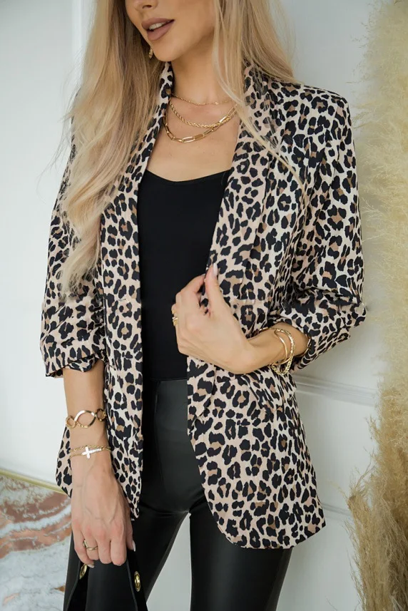 

Весеннее леопардовое Женское пальто с отложным воротником и длинным рукавом, облегающие пальто с карманами, женская модная элегантная повседневная офисная уличная одежда Lsdies