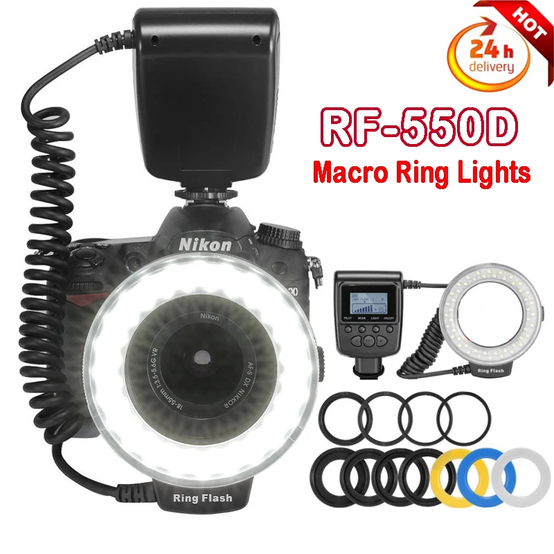 Rf-550D 48Pcs Macro Led Ring Flash Bundle W 8 Anello Adattatore Per Nikon/Canon/Pentax/Olympus/Panasonic Dslr Camera Flash