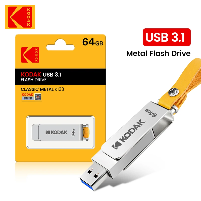 

Original KODAK K133 U Disk USB3.0 128GB Metal Flash Drive Car USB 128GB 256gb 512GB Speed 120MB/s Leather Lanyard