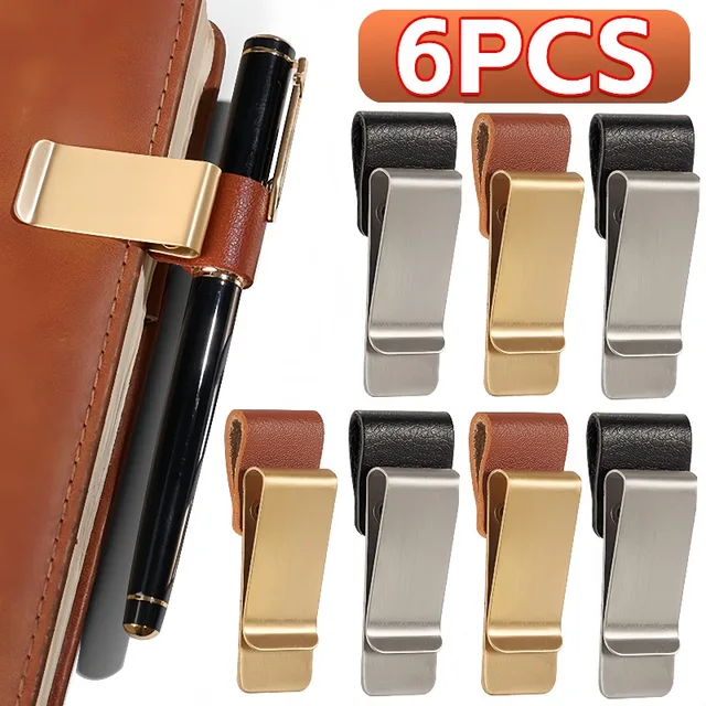 6-1PCS Stainless Steel Leather Pen Holder Pencil Clamps Notebook Bookmark Practical Organizer Clip Pen Holder Office Stationary 1