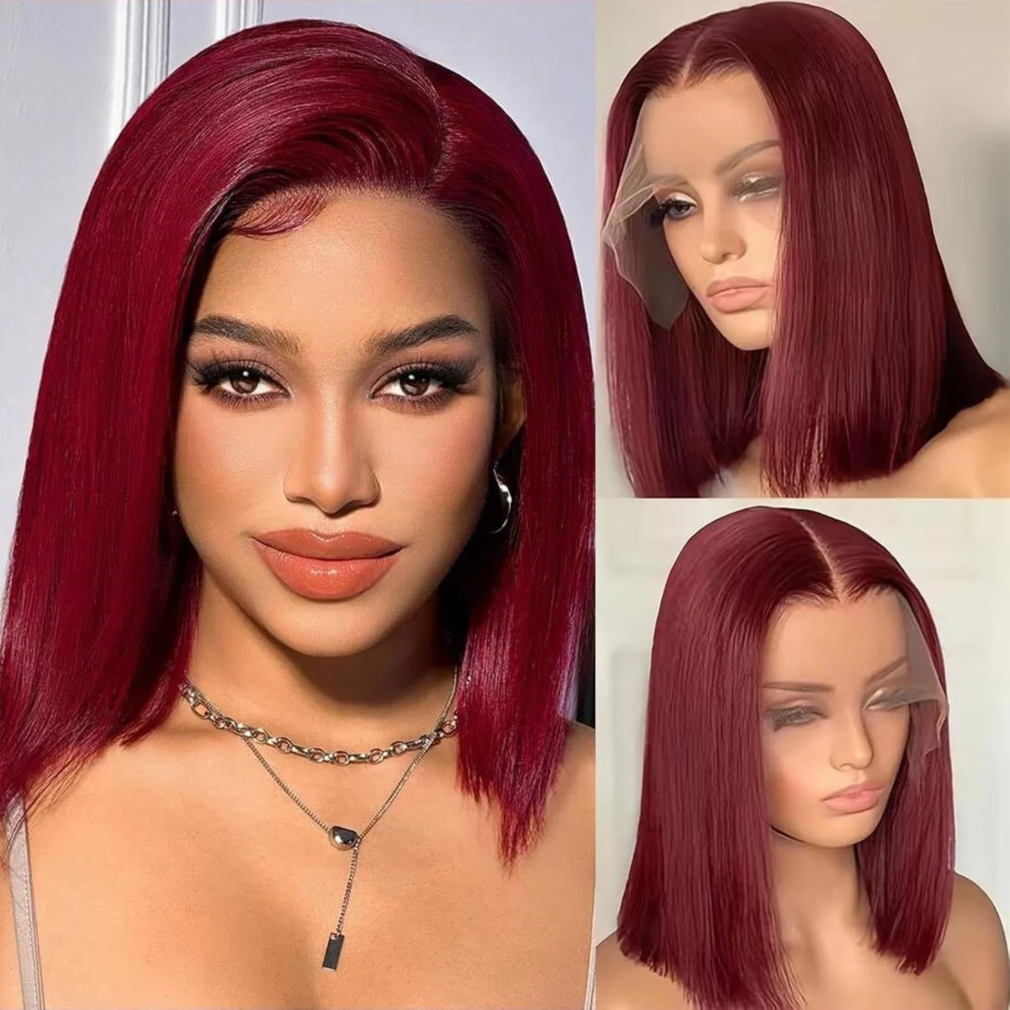 250% Dichte Knochenglatte 13x4 HD Lace Frontal Perücken 99J Burgunderrote Bob Echthaar-Perücke 7x5 Klebefreie Perücken für Frauen Vorgeschnitten – Detail 5