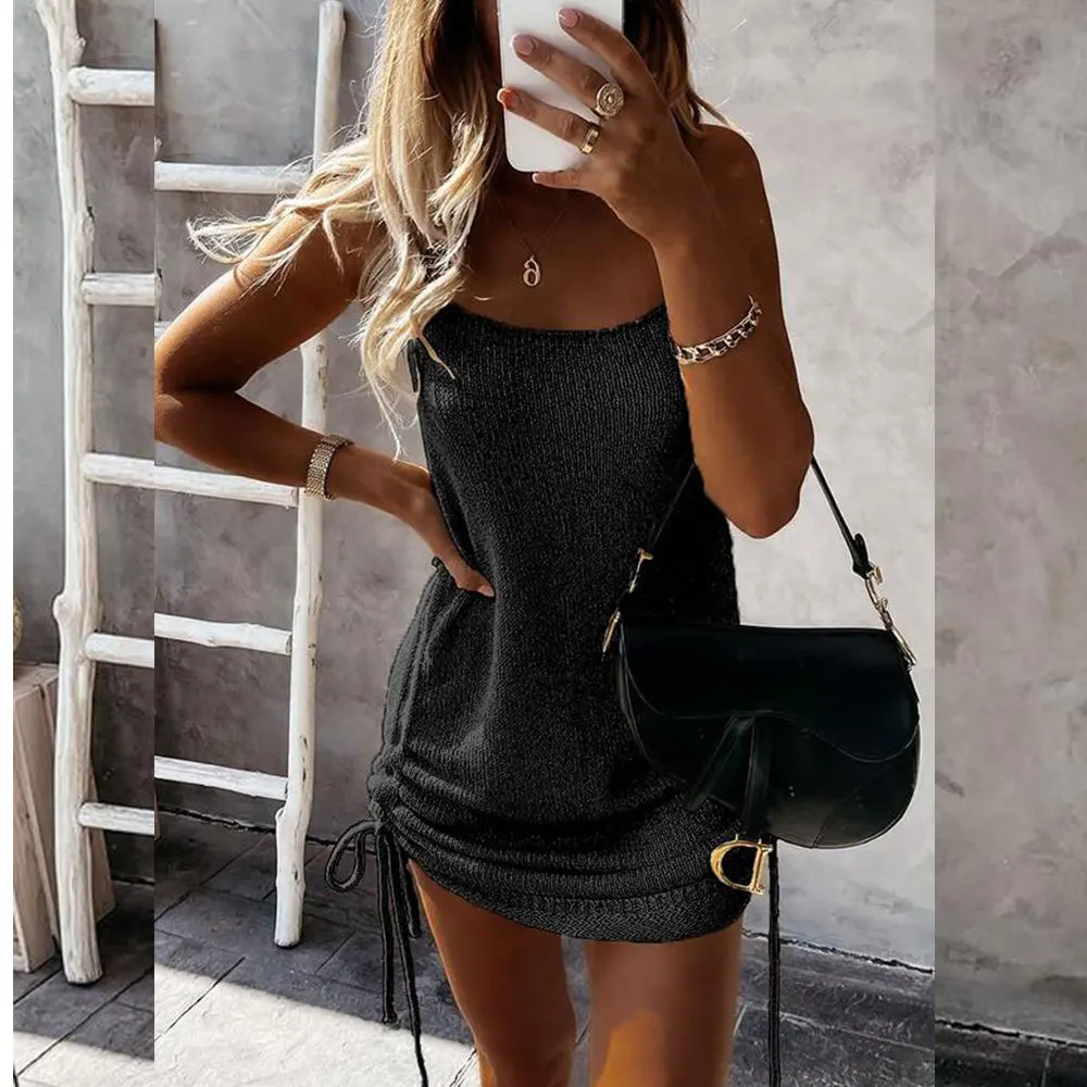 80s Black Dress Sleeveless Sling Mini Short Dress Casual Fashion Backless  Drawstring Low Collar Solid Sexy Spring Summer 2022 New Women Dresses  AliExpress 200000345