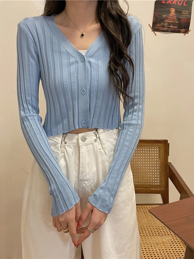 

Korean Style v-Neck Knitted Cardigan Sweaters Women Thin Cardigan Fashion Open Front Button Up Long Sleeve Top Shirt Women