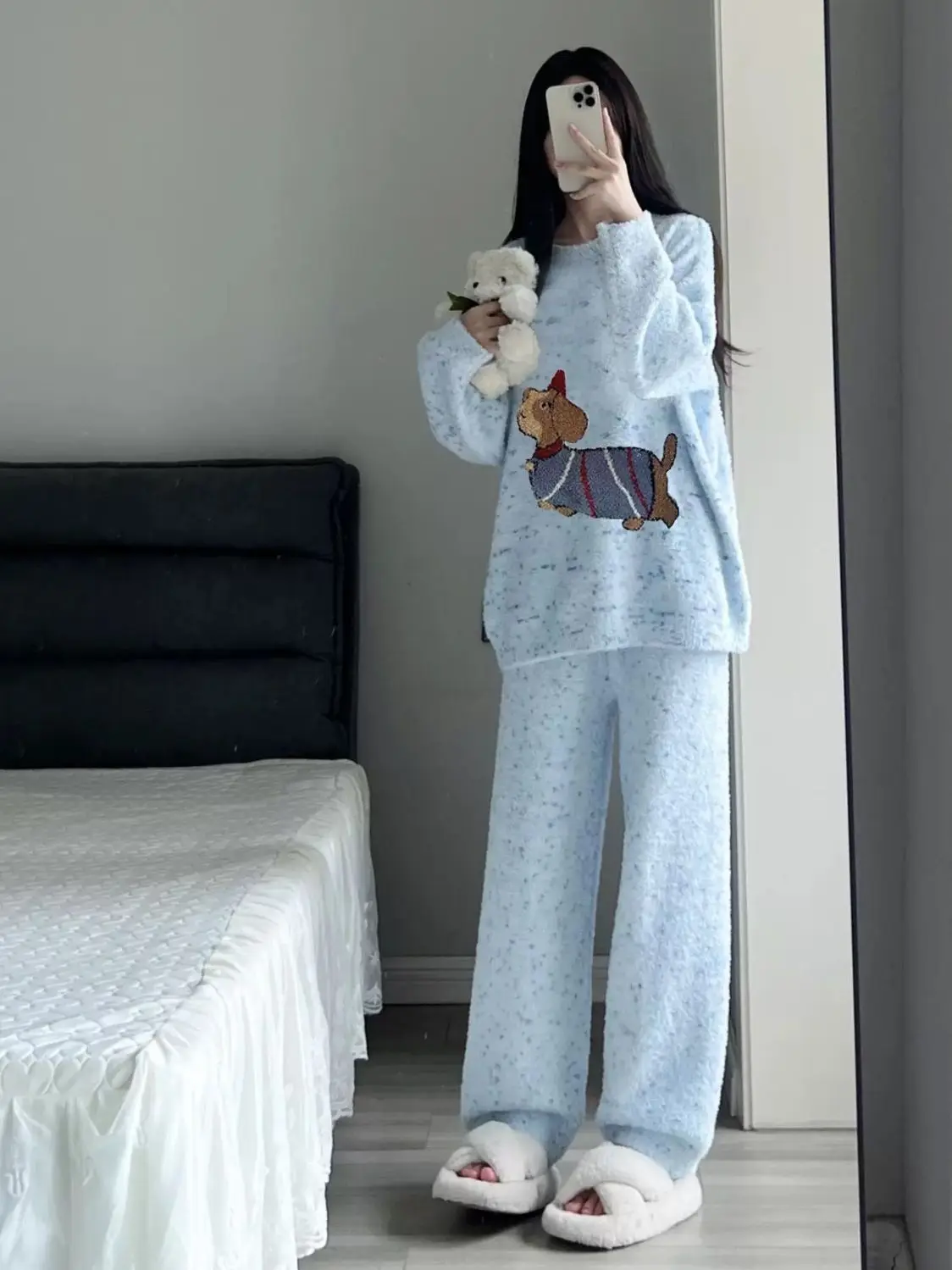 Coral Velvet Pajamas Women Winter Sweet Cute Dog Leisure Thickened Girls Homewear Blue Soft Warm Set