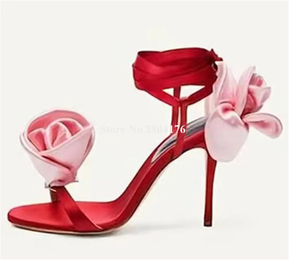 

Босоножки на шпильке с украшением в виде Большой розы, красные, белые, черные, розовые сандалии на тонком каблуке с цветочным принтом, босоножки на шнуровке, вечерние классические туфли-лодочки