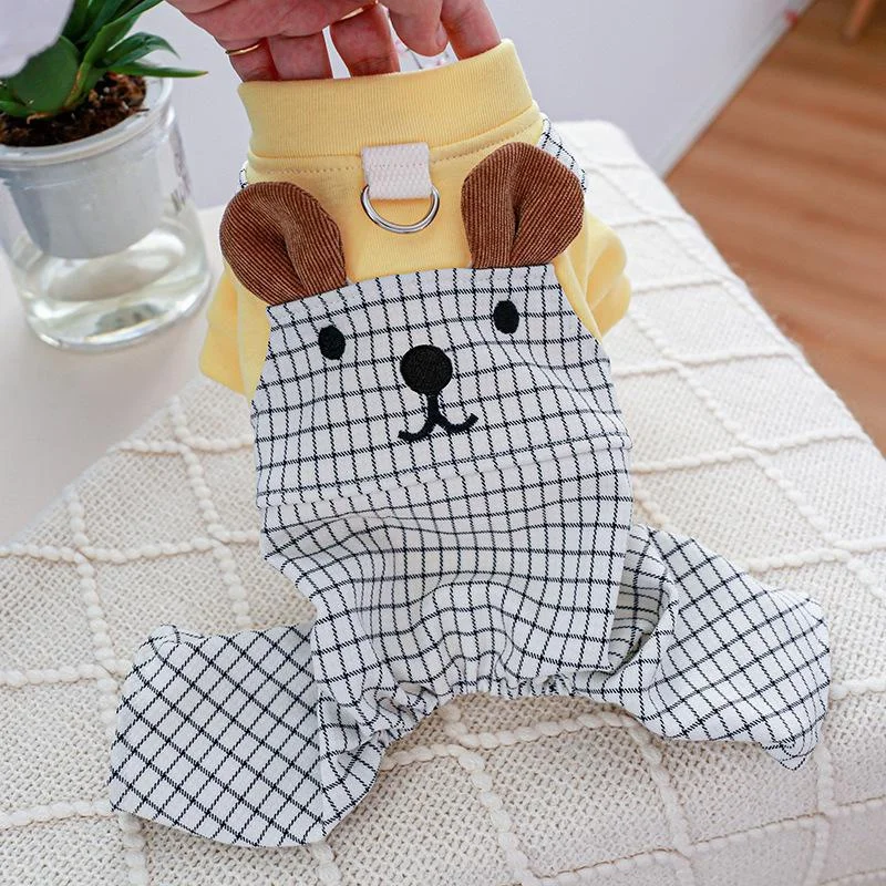 Yellow Cute Plaid Dod Clothes Pet Clothes Dogs Couples Dress Pants Dog or Cat Plaid Dress Grid Overalls Pants