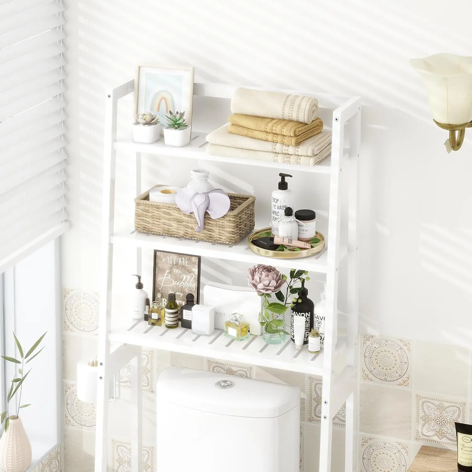 Over-The-Toilet Storage, 3-Tier Wooden Rack. Space Saver Organizer, Freestanding. With Toilet Paper Holder & Hooks. White.
