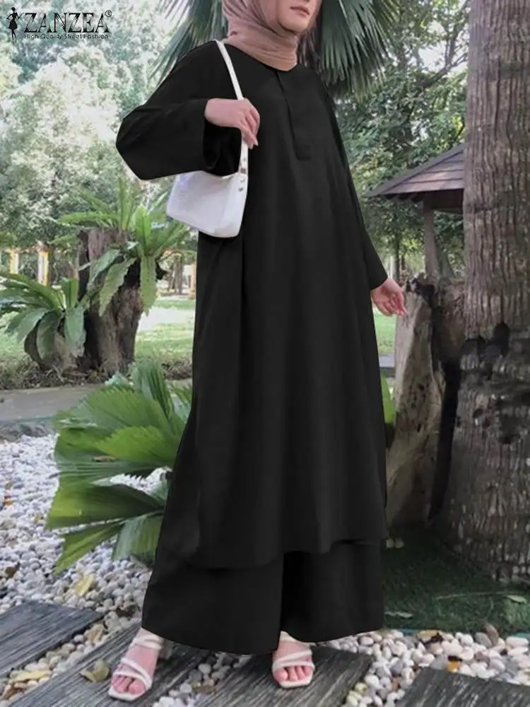 

ZANZEA Muslim Fashion Matching Sets Turkey Hijab Suit 2PCS Long Sleeve Blouse And Loose Trousers Casual Loose Tracksuits 2023