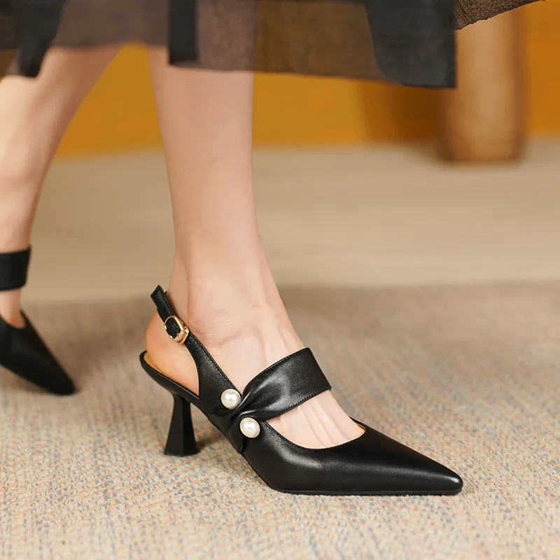 Summer Women Shoes Split Leather Shoes Women Covered Toe Thin Heel Sandals Solid Slingback Pearl Sandals
