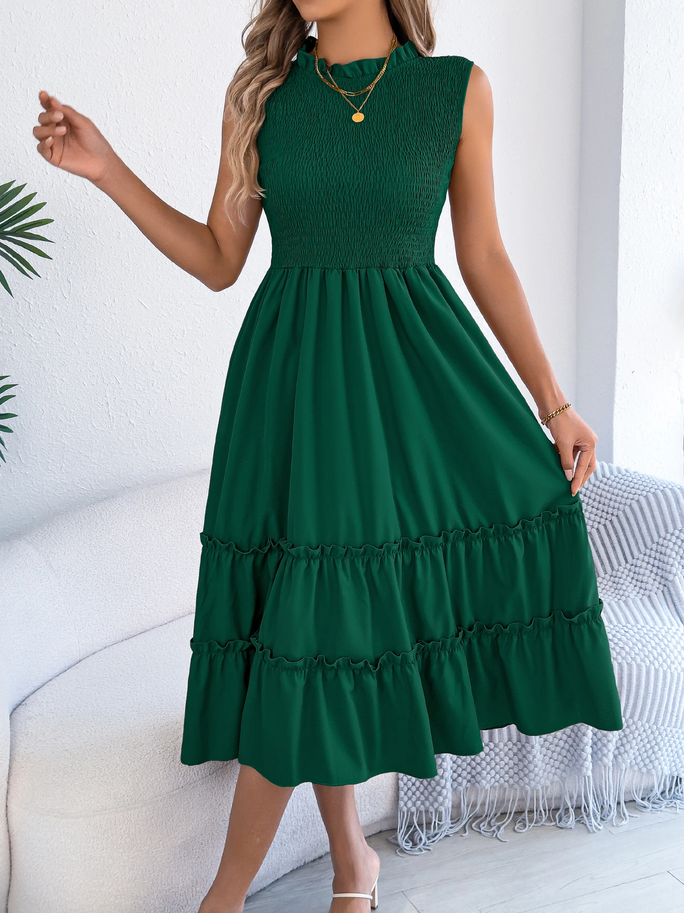 Casual Solid Color Sleeveless Round Neck Long Dress for Women