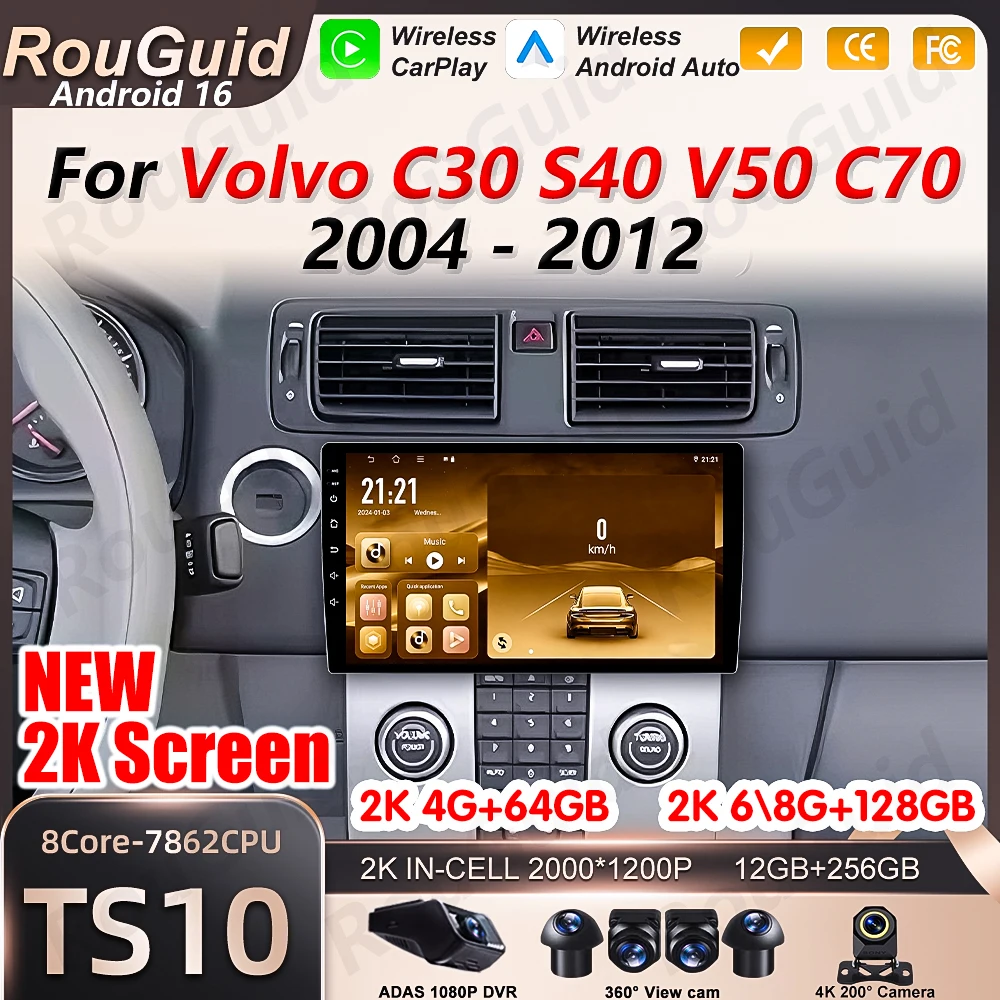 Radio con Pantalla Carplay para Volvo C30 S40 V50 C70 2004 2005 2006 2007 2008 - 2012, Reproductor Multimedia para Auto con Android Auto, Bluetooth y Estéreo 1