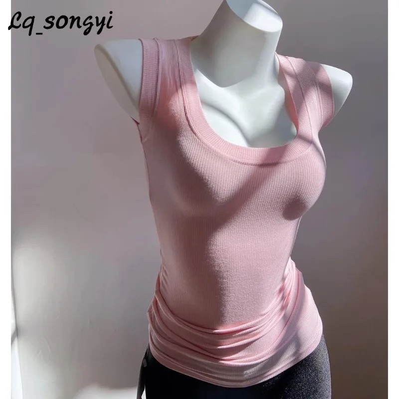 

Lq_songyi U Neck Tight Tanks Top Women Solid Slim T Shirts Wide Shoulder Straps Sexy High Strecth Summer Plain Sleeveless Top