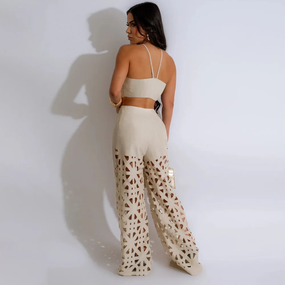 Soild Casual Two-piece Set  for Women 2024 Summer Fashion Sexy Halter Camis Crop Top Hollow Out Wide Leg Pants Streetwear