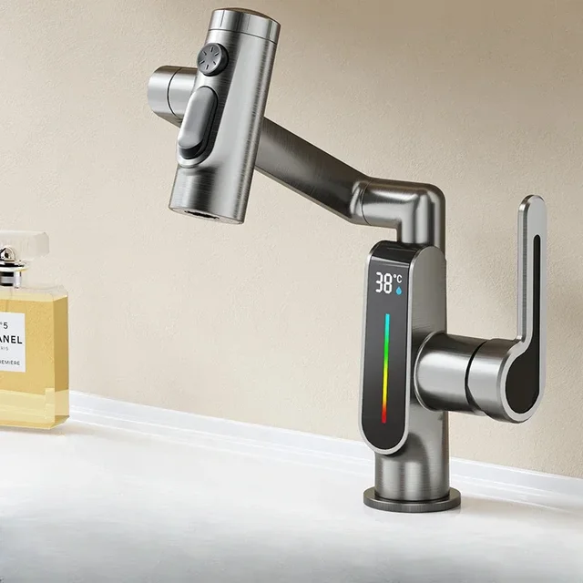 360 degree rotating faucet with universal digital display washbasin bathroom hot and cold multifunctional mechanical arm faucet 9