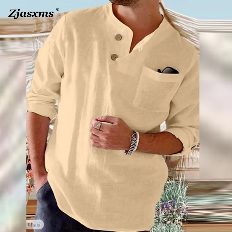 

Men Cotton Hemp Button Up Sleeve Long Sleeve Shirts Fashion Casual Loose Solid Color Tops Mens Stand Collar Office Pocket Blouse