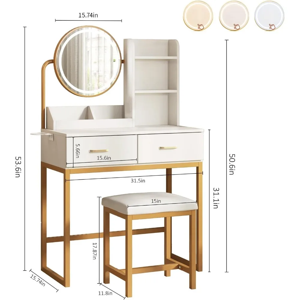 Vanity Makeup Desk with Round Mirror, Lights and 2 Drawers, 3 Lighting Modes, Small Vanity Table for Bedroom with Lots Storage 3