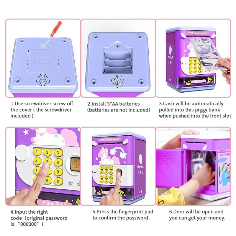 Electronic Fingerprint ATM Piggy Bank with Music for Boys Girls Unicorn Panda Bear Money Bank for Toddlers Kids Birthday Gift