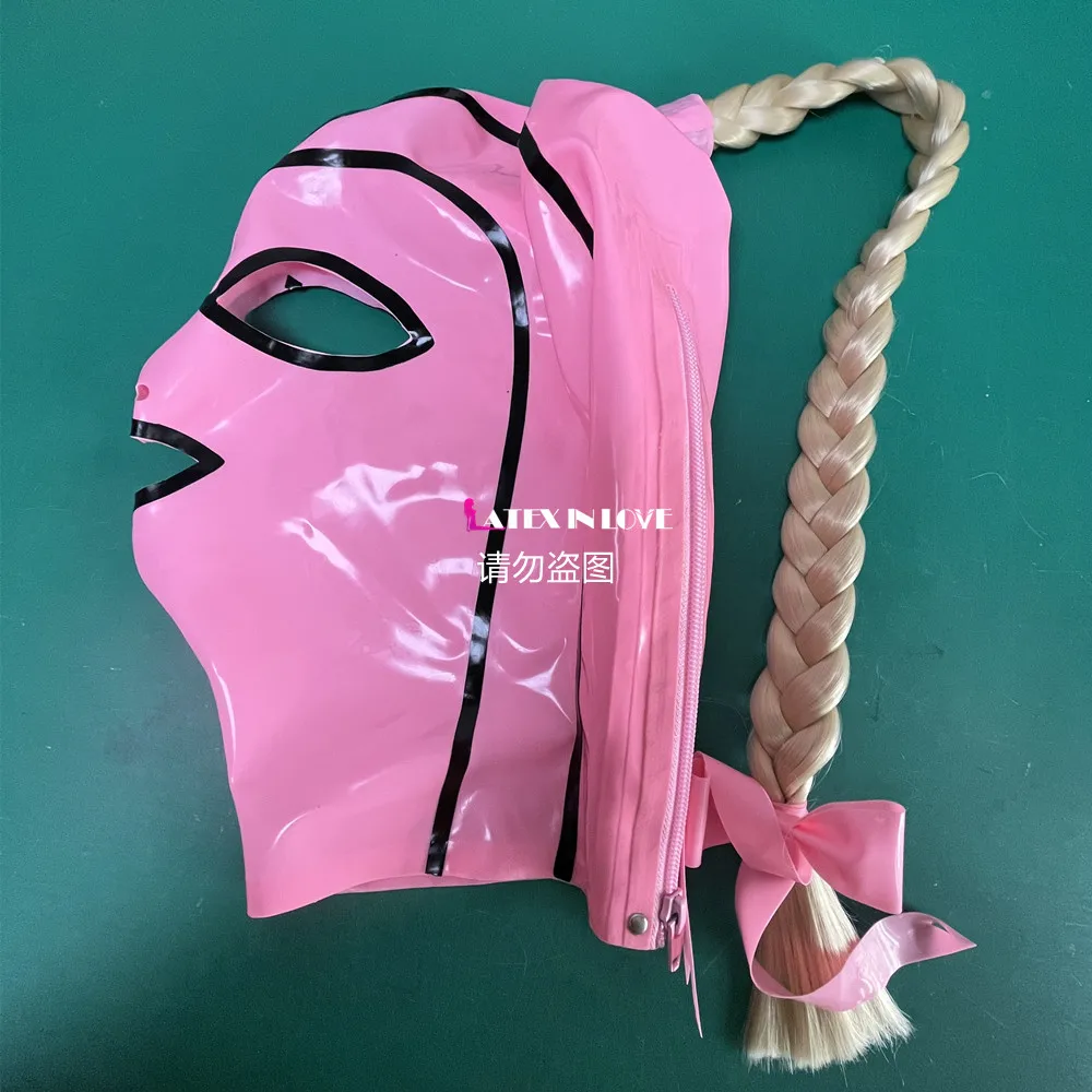 Pink Latex Fetish Hood Mask with Braided Hair Blond Ponytail Back Zipper latex bodysuit