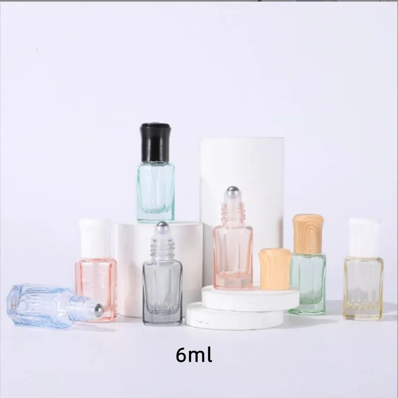 

100pcs 6ML Roller Bottle Perfume Sub-Bottle New Octagonal Colored Glass Essential Oil Steel Bead Bottle