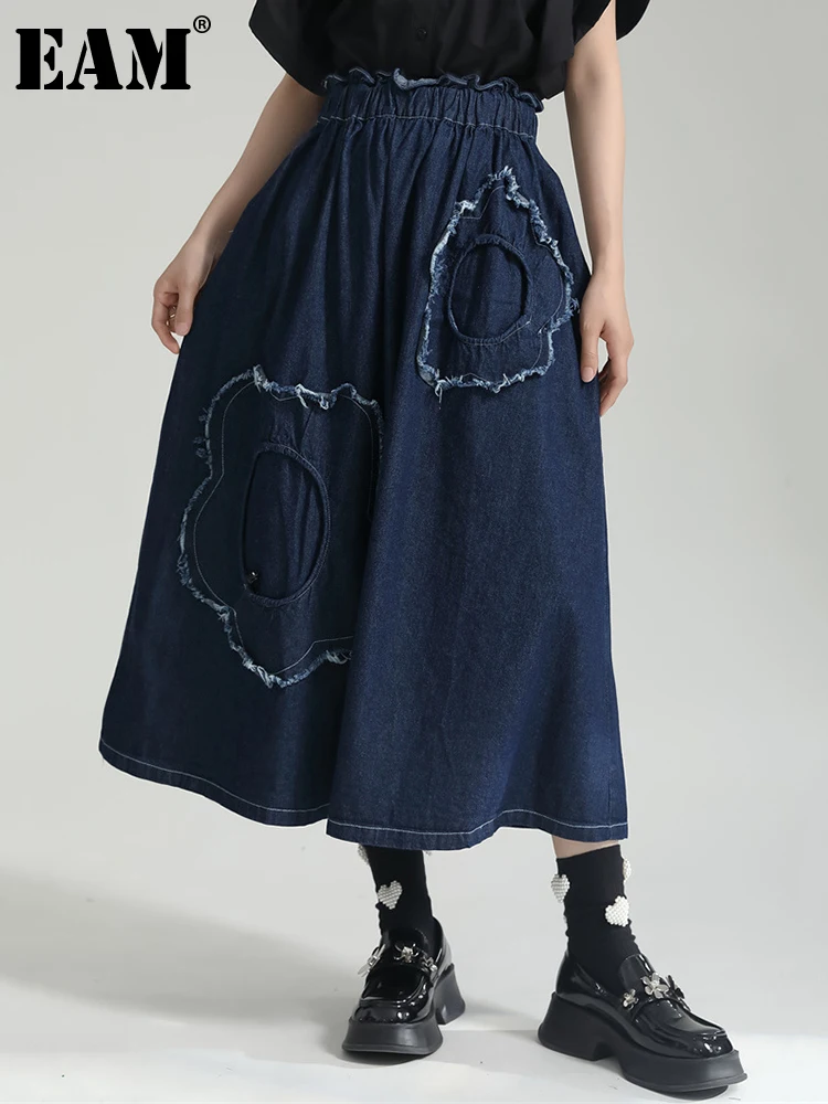 

[EAM] High Elastic Waist Blue Denim Burr Long Casual A-line Half-body Skirt Women Fashion Tide New Spring Autumn 2023 1DF7526