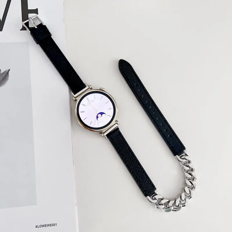 

Leather+Metal Watch Strap For HUAWEI WATCH GT4 41mm Woman Bracelet 18mm Smartwatch Band For Huawei gt4 41mm Slim Chain Wristband