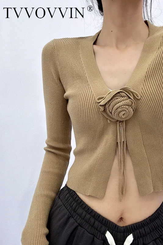 

WOMENGAGA American Ins Style V-neck T-shirt Long Sleeved Short Navel Exposed Knit High Waisted Slim Rose Sweater Cardigan XL2O