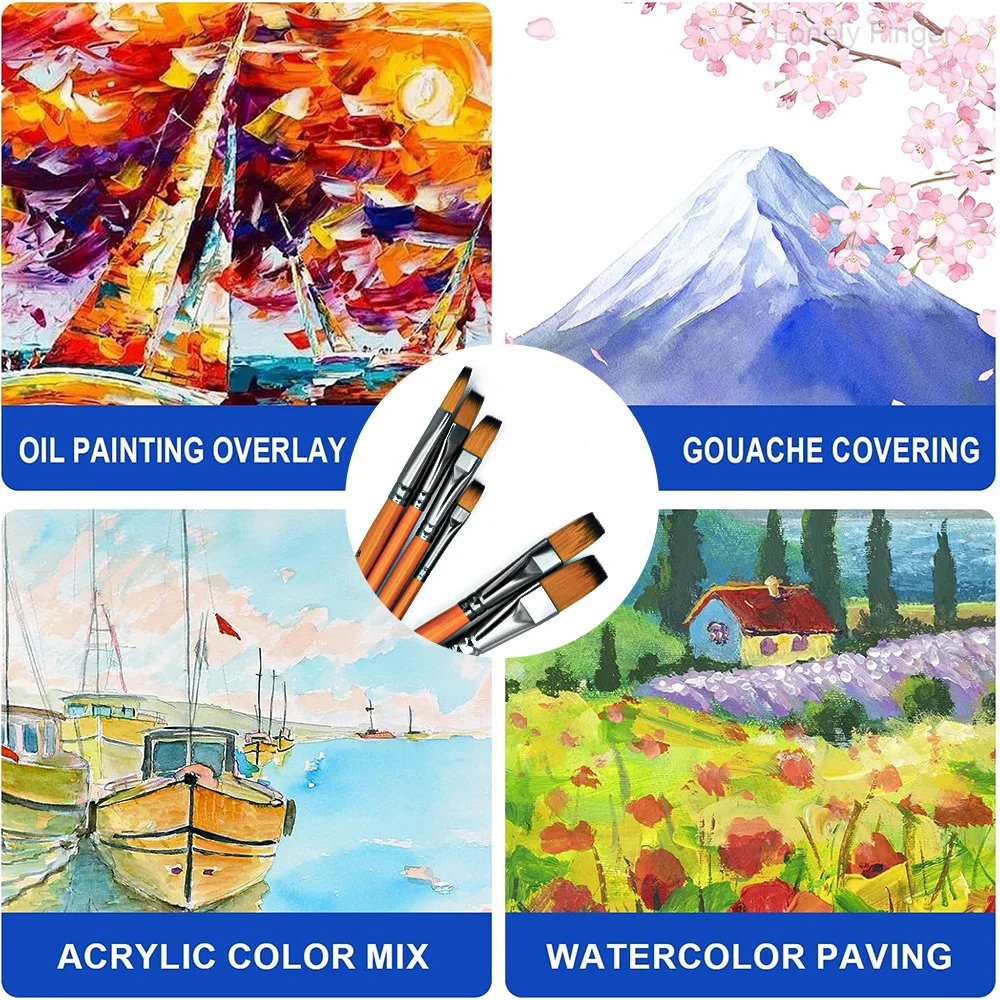 6개입 플랫 팁 아트 페인트 브러쉬 세트 - 프리미엄 합성 나일론 브리슬, 초보자용 오일, 수채화 및 아크릴용, 사용하기 쉬움