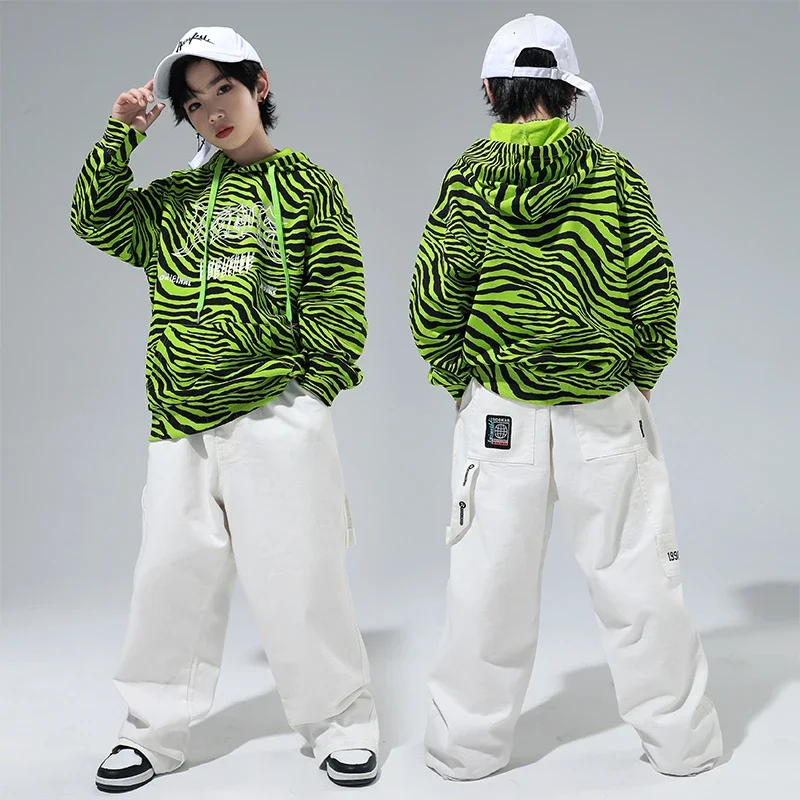 

Белые брюки с рукавами, уличная танцевальная одежда для мальчиков, одежда для девочек, 2024, Детская Одежда для танцев в стиле хип-хоп, зимние топы с капюшоном, зеленые длинные