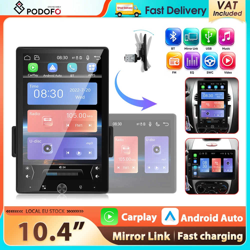 Lecteur MP5 Podofo 10,4 pouces 1Din avec Carplay, Android Auto, écran rotatif, FM/RDS, BT, Mirror Link, EQ Sound, USB, AUX, audio de voiture 1