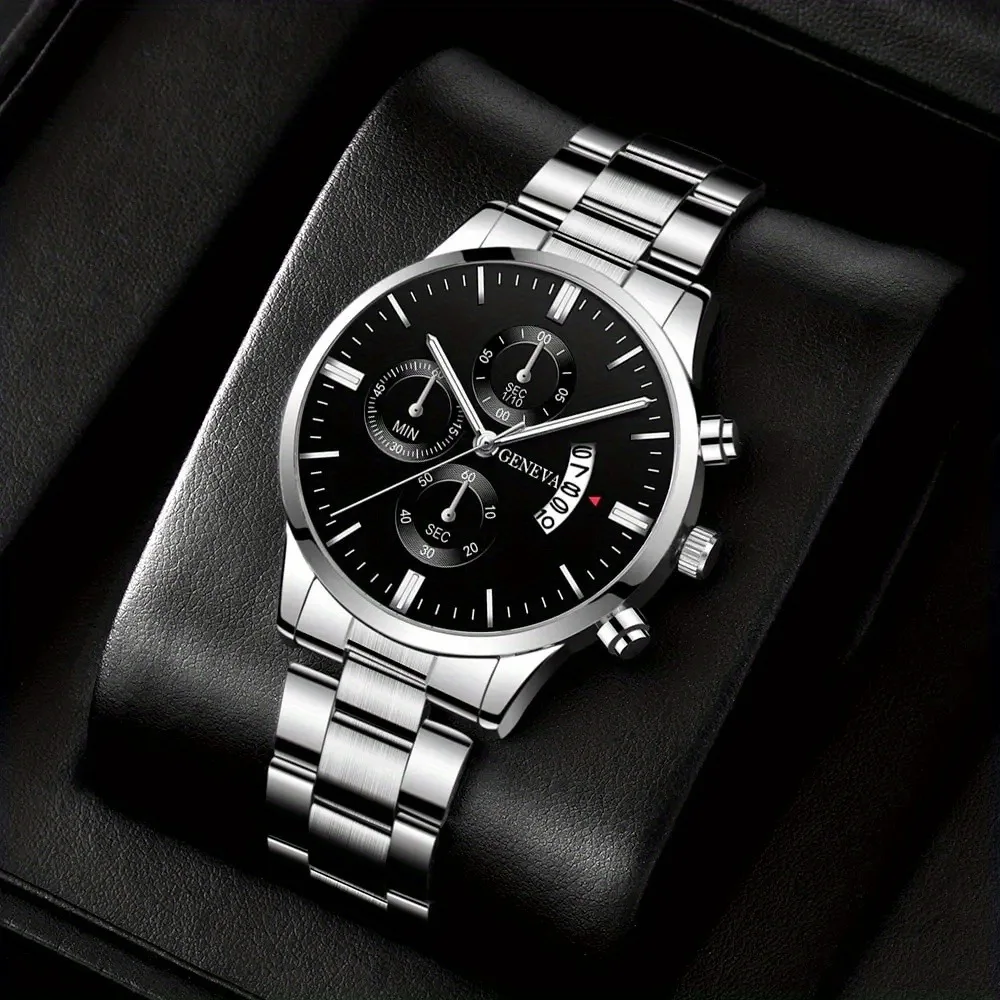 2pcs Quartz Watch Luxury Black Quartz Watch & Bracelet For Men Business Fashion Round Calendar Watch Set Without Box