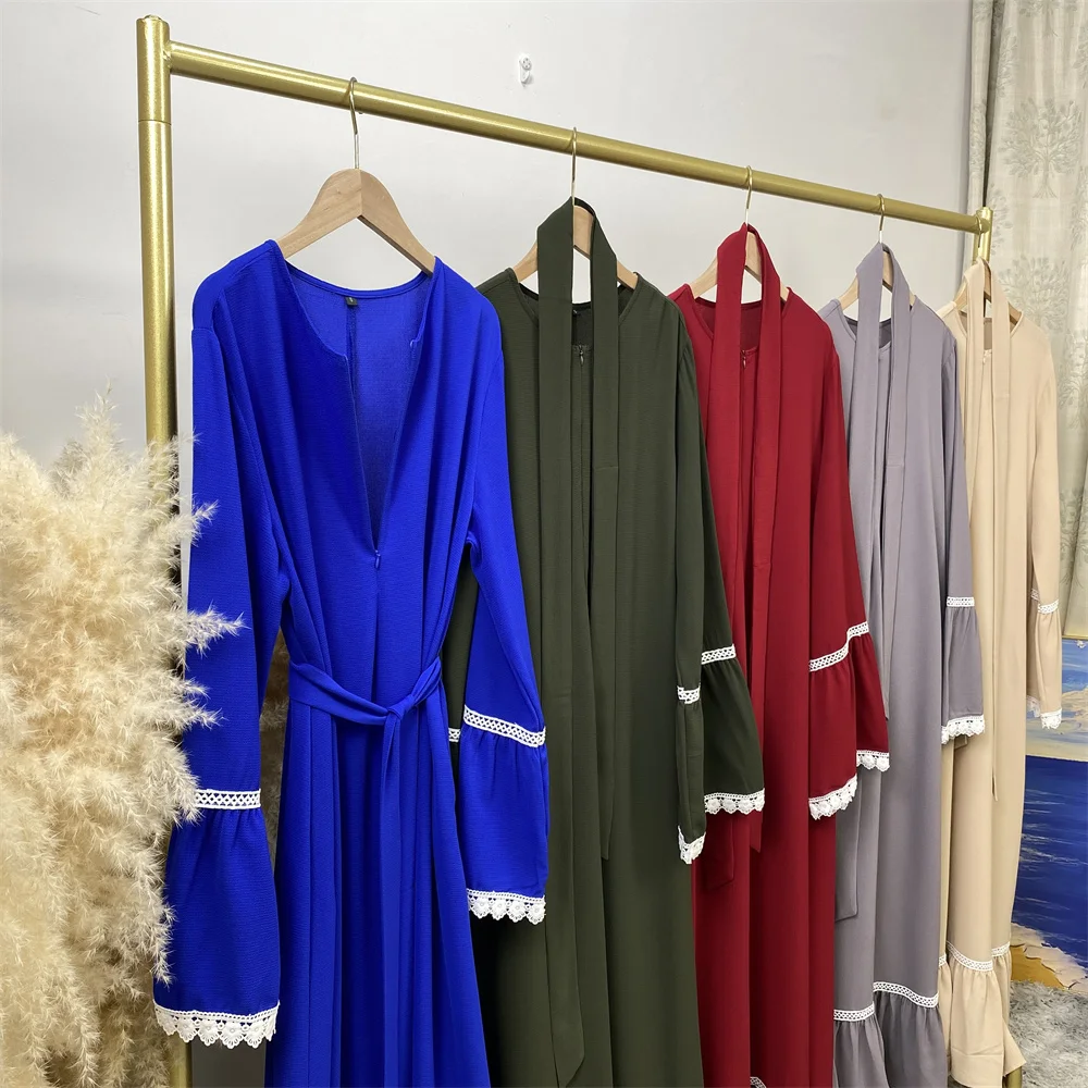 فستان فضفاض للنساء في الشرق الأوسط ، دانتيل أبيض ، أكمام طويلة ، نمط سحاب ، شائع ، مرقع ساخن ، دبي ، تركي ، إسلامي ، موضة جديدة ، رائج