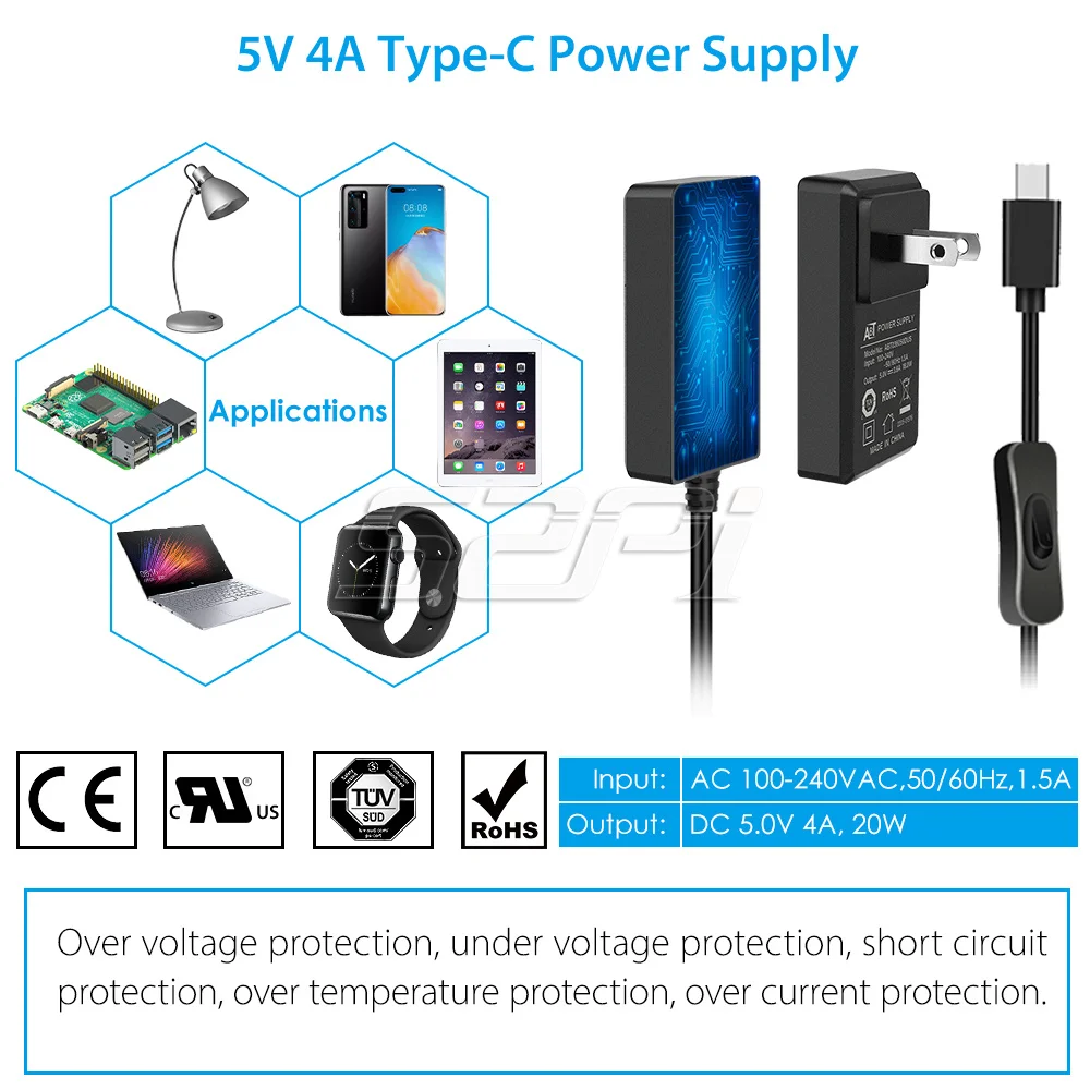 Raspberry pi 5v 4a Adaptador de Alimentação com Ligar e Desligar Eua e ue Plug Cabo Carregador Tipo-c para Raspberry pi Pi3b Mais 3b + - Imagem 6