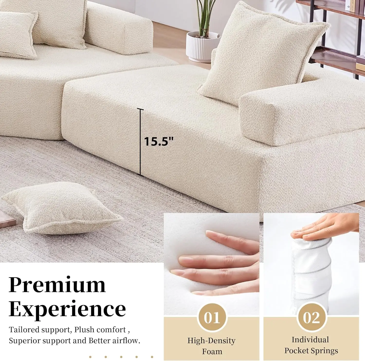 6-8 Seat Oversized Modular Sectional Sofa with Comfy Throw Pillows, U Shaped Luxury Boucle Floor Couch for Living Room, Apartmen