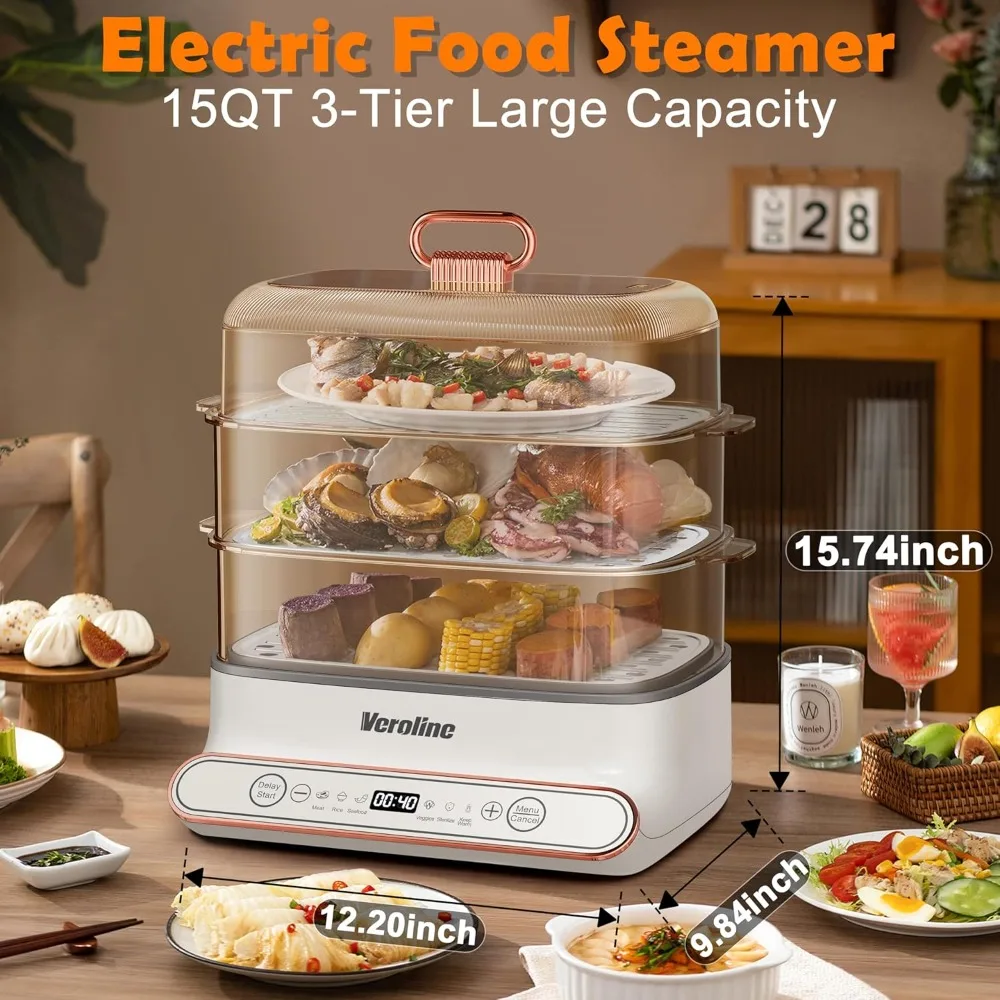 Electric Food Steamer, 15QT Vegetable Steamer with 3-Tier Stainless Steel Trays, 1200W, 24H Delay Start, Auto Shut-Off, BPA-Free 2