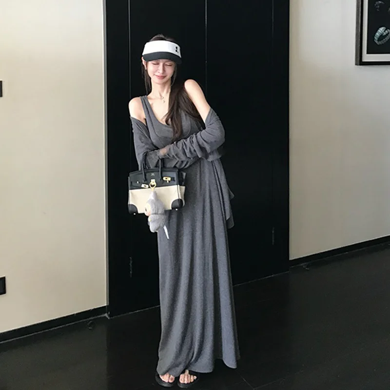 임산부 세트 한국 스타일 루즈핏 스트랩 드레스 긴팔 오픈 가디건 코트 가을 신상 투피스 세트