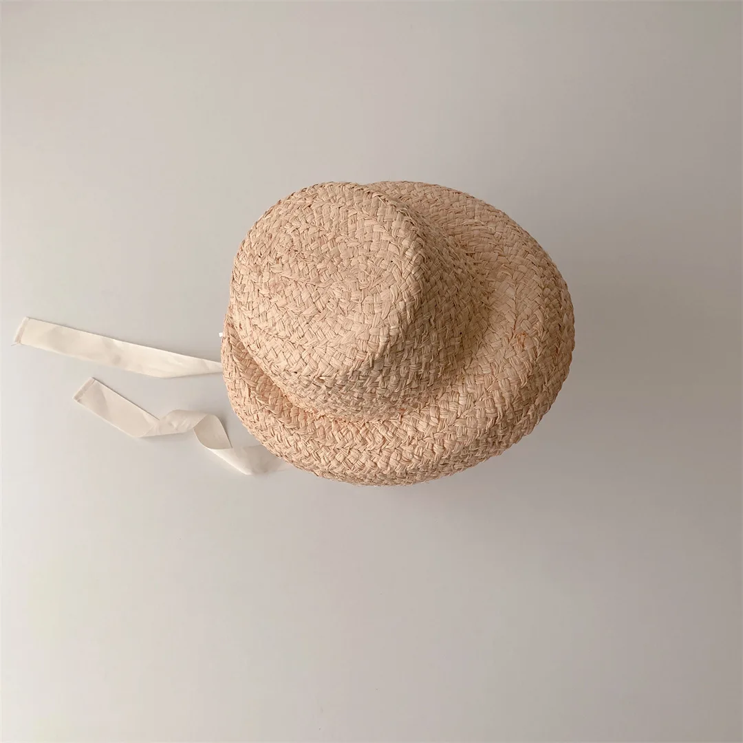 Summer Sun Hat Girls Raffia Straw Hat Retro Travel Sunscreen Beach Vacation with Lacing for Children Holidays