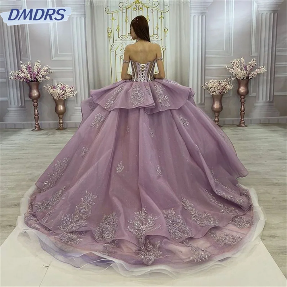 Vestido De baile sin hombros con purpurina De lavanda elegante, vestidos De quinceañera, dulces 16 cuentas De encaje De princesa, vestidos De graduación, 15